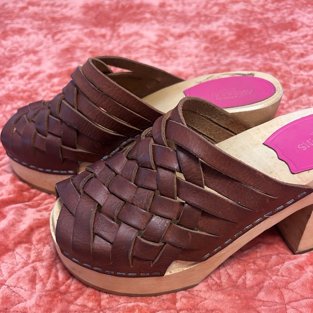 Swedish Hasbeens Monika Brown Leather Woven Clogs